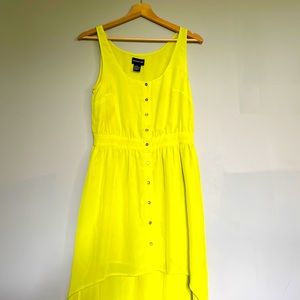 Central Park West, high low bright yellow button down green dress